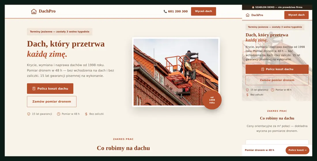 Шаблон сайта для кровельной компании DachPro в версии для компьютера и телефона