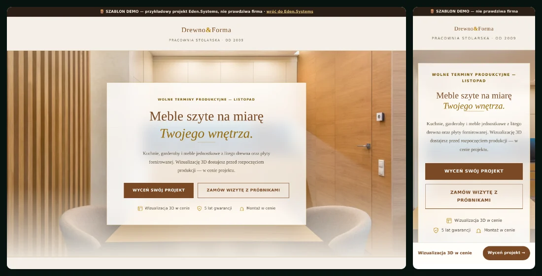 Szablon strony dla stolarni DrewnoForma w wersji na komputer i na telefon