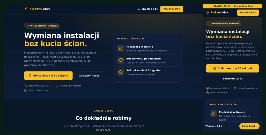 Szablon strony dla elektryka ElektroMax w wersji na komputer i na telefon