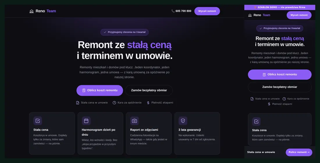 Шаблон сайта для ремонтной компании RenoTeam в версии для компьютера и телефона